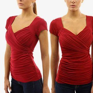 PattyBoutik Ruched Cross Front V Neck Mesh Blouse Red Medium Top
